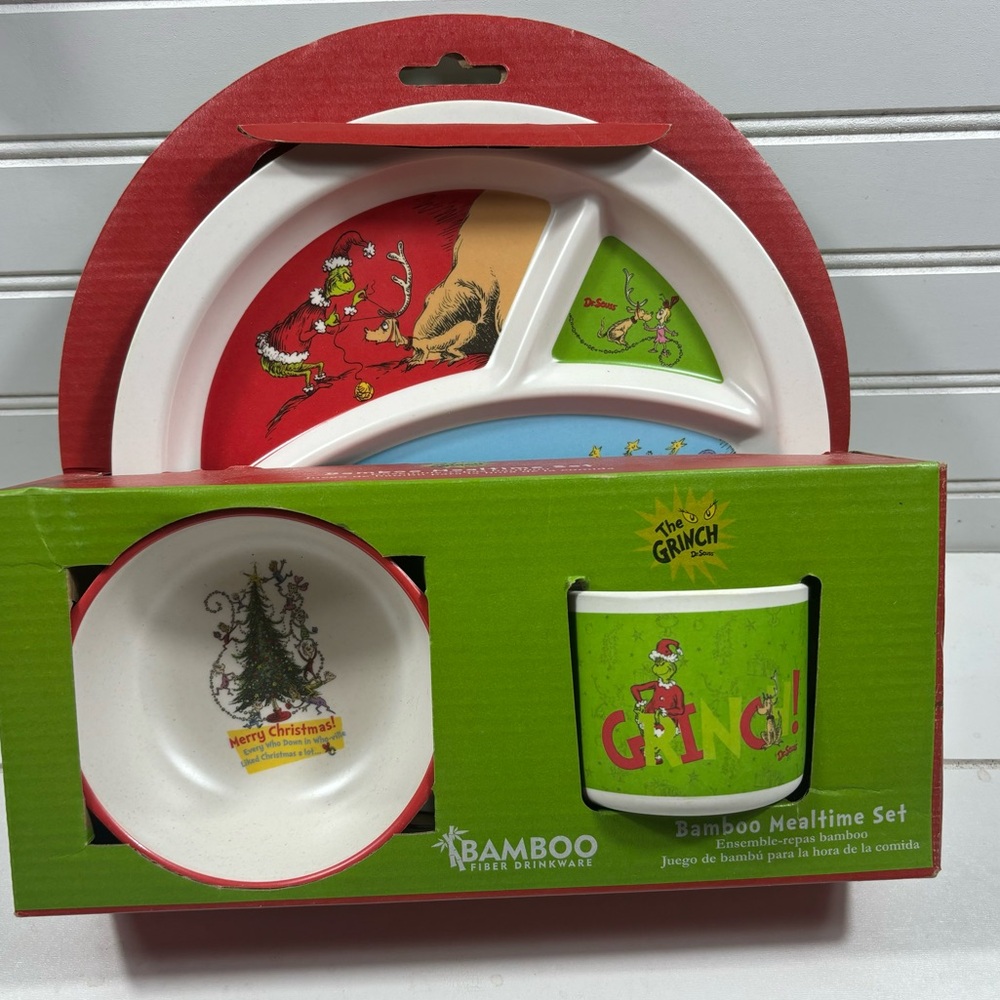 The Grinch 3 piece Bamboo Mealtime Kids Dish set Divided plate, cup, bowl New